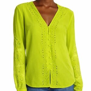 Veronica Beard Barth Eyelet Silk Top in Chartreuse